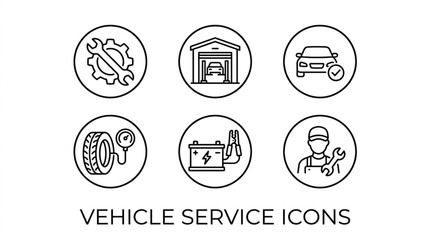 Set of six vehicle service icons in a clean line art style. © Yoga