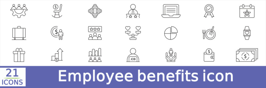   Employee benefits icon set.related to Employee, worker, human resource, and more. including social security, work-life balance, pay raise, insurance, wellness Vector illustration