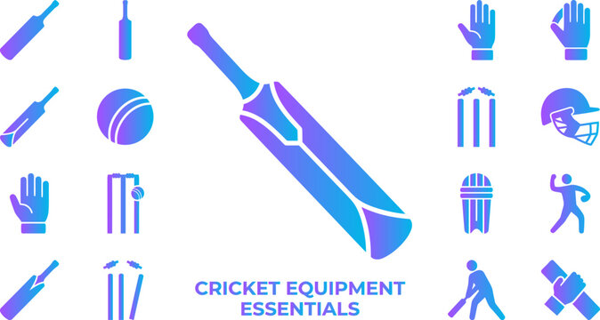 Cricket equipment essentials vector icon set with gradient effect for sports and games.