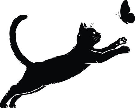 Cat silhouette leaping chasing butterfly motion playful animal instinct abstract vector illustration design concept lifestyle nature