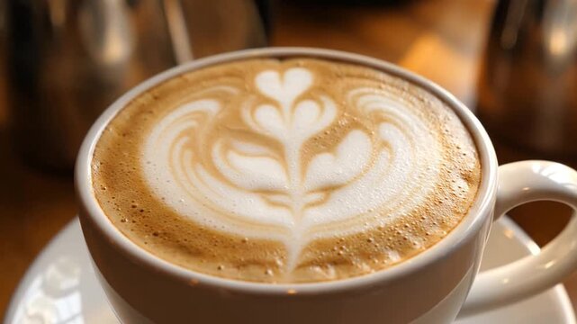 Close up of a cappuccino with latte art in a ceramic cup
