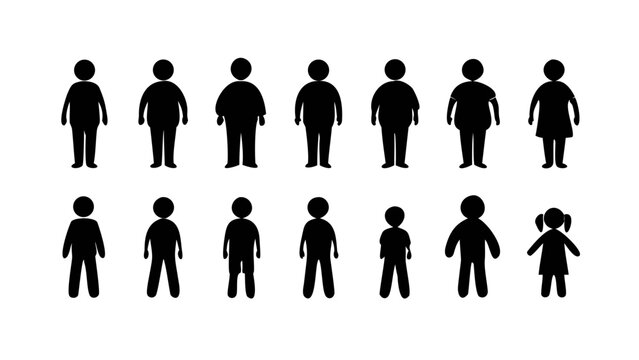 Diverse black silhouettes of people showing various body types overweight adults and children figures silhouettes overweight children lifestyle graphics illustration background