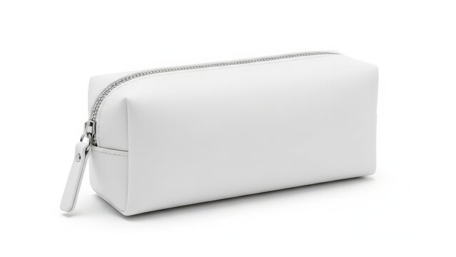 Empty white leather pencil case with silver zipper isolated on white background