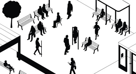 Isometric urban public space benches shelter tree people silhouettes walking sitting abstract lifestyle design vector illustration concept © MdAriful