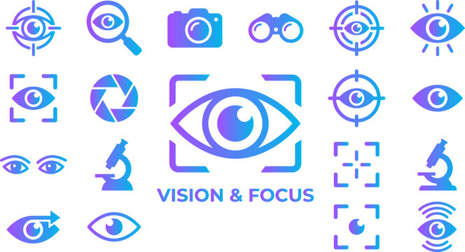 Vision and focus icons vector collection with colorful gradient on white background.