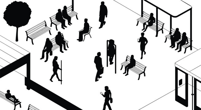 Isometric urban public space benches shelter tree people silhouettes walking sitting abstract lifestyle design vector illustration concept
