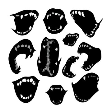 Monster mouths with sharp teeth black silhouettes vector