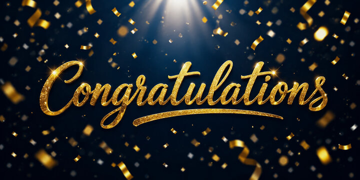 Congratulations calligraphy lettering banner with gold and black streamers on light background.