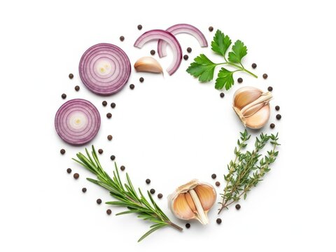 Fresh red onion slices, garlic cloves, rosemary, thyme, and parsley on white background