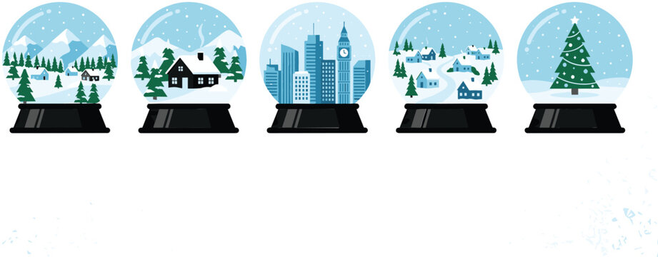 Vector Set of Snow Globe Illustrations Featuring Winter Landscapes, Houses, City Skyline, Pine Trees, and Snowfall for Holiday, Winter, Digital Design, and Creative Seasonal Projects