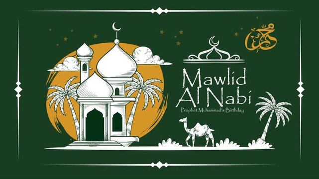 Mawlid Al Nabi celebration graphic with lantern and calligraphy on dark background
