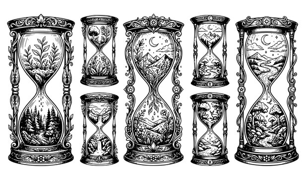 Black and White Hourglass Sketch Vector Pack with Nature Scenes and Antique Engraving Style