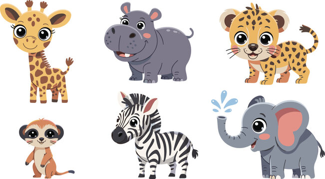 Cute Cartoon Safari and Jungle Baby Animal Sticker Set with Giraffe Hippo Leopard Meerkat Zebra and Elephant for Kids Nursery Designs