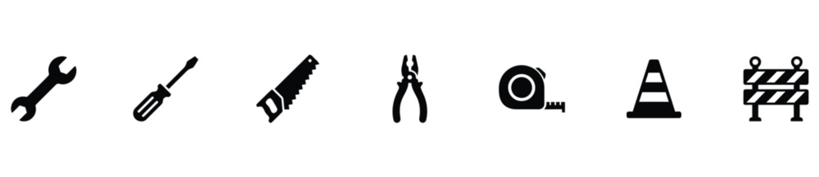 Set of 7 Construction Hand Tools and Safety Icons. Featuring Workshop Equipment and Roadwork Barriers. 