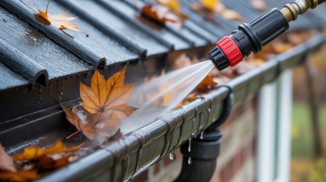 Cleaning clogged house rain gutters with water hose