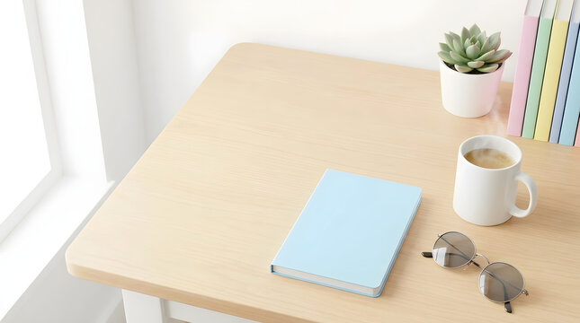 High angle view of minimalist workspace with light blue notebook, white coffee mug, sunglasses, succulent and pastel books on wooden desk near window.