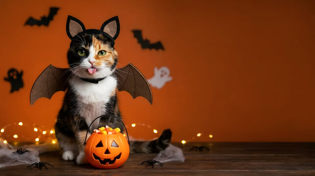 Halloween banner with funny cat wearing bat wings and ears costume, pumpkin candy bucket on orange background, copy space