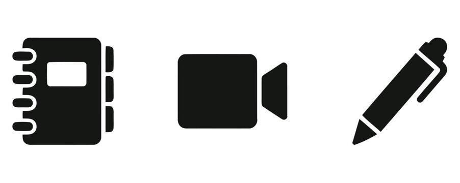 Set of 3 Office and Multimedia Icons. Featuring Notebook Diary with Tabs, Video Camera Camcorder, and Writing Ballpoint Pen. High-Quality Solid Vector Symbols for Content Creators, Business Blogging, 
