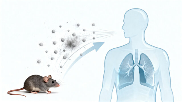 Conceptual medical illustration showing virus transmission from mouse to human, highlighting zoonotic infection and respiratory system.