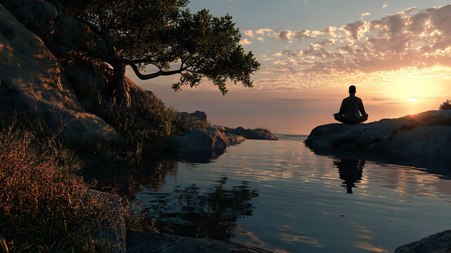 Man practicing mindfulness and meditation yoga in peaceful natural environment with calm focus