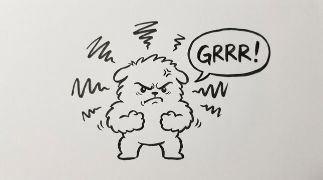 Angry cartoon dog growling with fists clenched and steam coming out of ears.