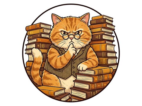 Scholarly Ginger Cat Character in Glasses and Vest with Stacks of Books Illustration