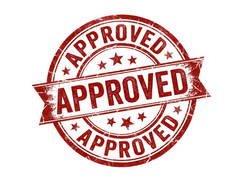 Vintage red approved rubber stamp sign isolated on a transparent digital background.