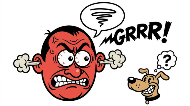Angry man with steam coming out of ears and confused dog.