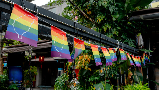 Colorful LGBT flags with Taiwan map in Taipei