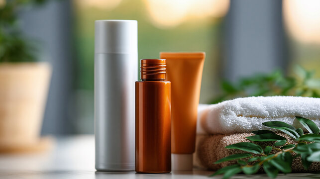 Self-tanning foam and lotion products displayed on a clean surface, sunless tan product set concept, at-home beauty routine, with copy space