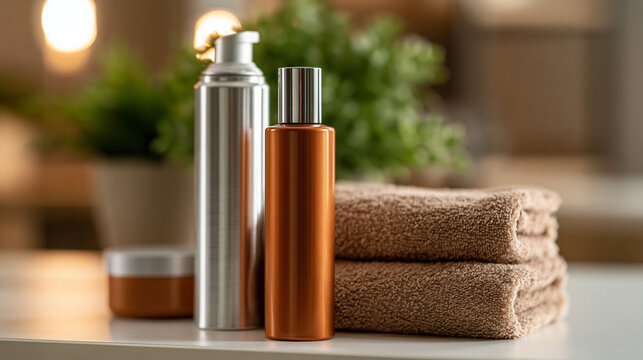 Self-tanning foam and lotion products displayed on a clean surface, sunless tan product set concept, at-home beauty routine, with copy space