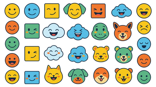 Collection of cartoon faces and animals with different emotions and expressions.