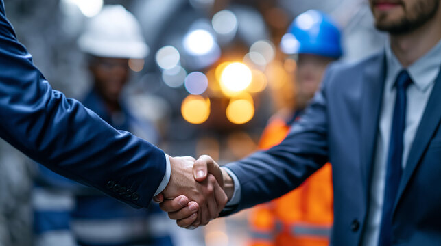 Platinum mining deal handshake between a suited executive and an underground mine worker in full PPE gear, drill heading tunnel and mining equipment visible behind, precious