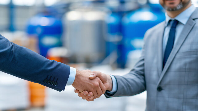 Cobalt processing industry deal handshake between two executives, chemical reactor vessels and cobalt hydroxide processing bags visible in the industrial plant behind, battery