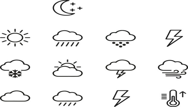 Set of weather icons. Weather logo, line icon. Raining, sunny, snowing, cloudy on isolated white background. EPS 10 vector.eps