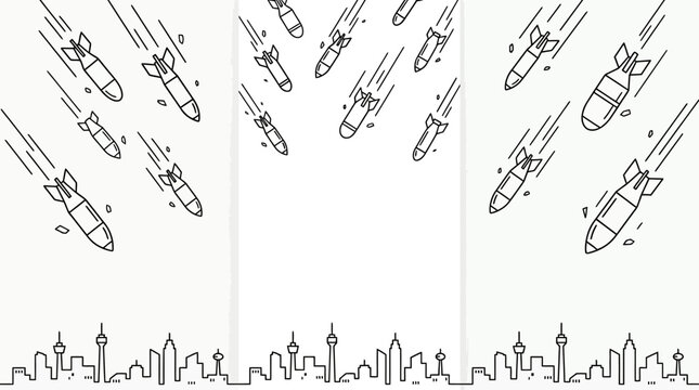 Hand drawn illustration of falling bombs attacking a city skyline.
