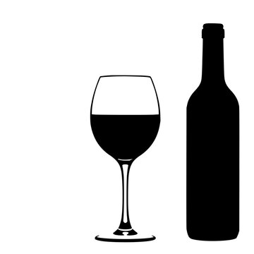 Single-line wine glass with bottle silhouette beside it set with simple line art design featuring simple design, minimalist, black and white with illustrations and graphics