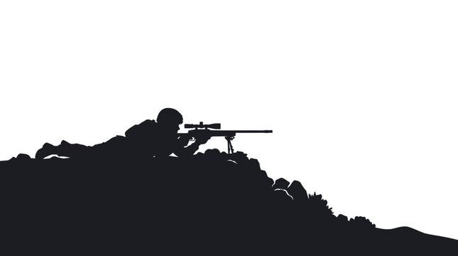 Silhouette of a sniper soldier aiming a rifle from a prone position on a hill.