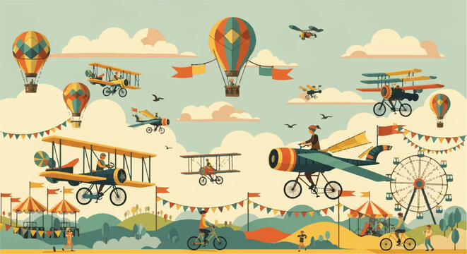 Vintage aviation scene hot air balloons biplanes and ferris wheel illustration