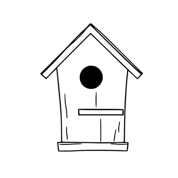 Birdhouse set with single-line illustration of wooden birdhouse perched on stick and roof detail featuring birdhouse, perch, roof, line art, illustration with minimalist and nature