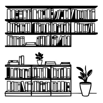 Bookshelf set with continuous line sketch featuring books, plant, leafy green, minimalist style with line art and simple illustration