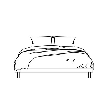 Bed set with single-line illustration of frame, pillows and draped blanket featuring line art, minimalist design with bedding and sleeping theme
