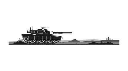 Silhouette illustration of a modern military battle tank on a flat terrain. © meurelina