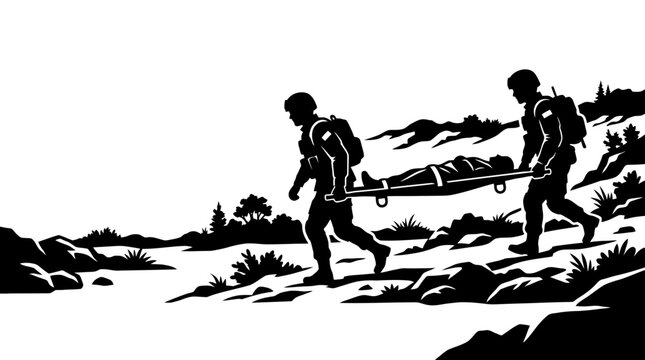 Black and white silhouette illustration of soldiers carrying a wounded comrade on a stretcher.