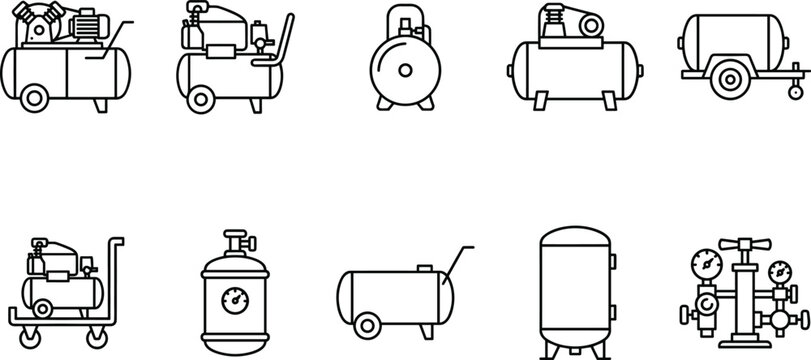 Air compressor machine icons set linear outline vector elements for industrial design
