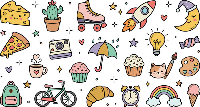 Cute Kawaii Doodle Sticker Vector Icon Set Featuring Pizza Cheese Roller Skate Rocket Moon Camera Rainbow Cactus and Food Elements for Creative Design