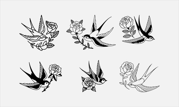 A swallow flies next to a rose flower. Black and white tattoo sketch, vector illustration