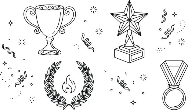 Trophy cup award medal star collection outline vector elements for success celebration