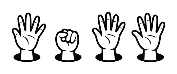 Fototapeta premium Four cartoon hands with different gestures on white background