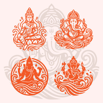 Traditional Hindu Gods With Ornamental Ocean Wave Illustration